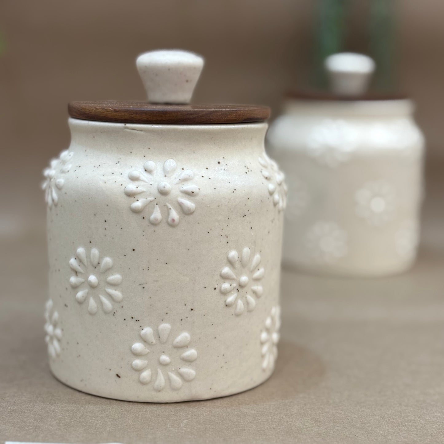 Embossed Ceramic Jar Set of 2 – Floral Pattern