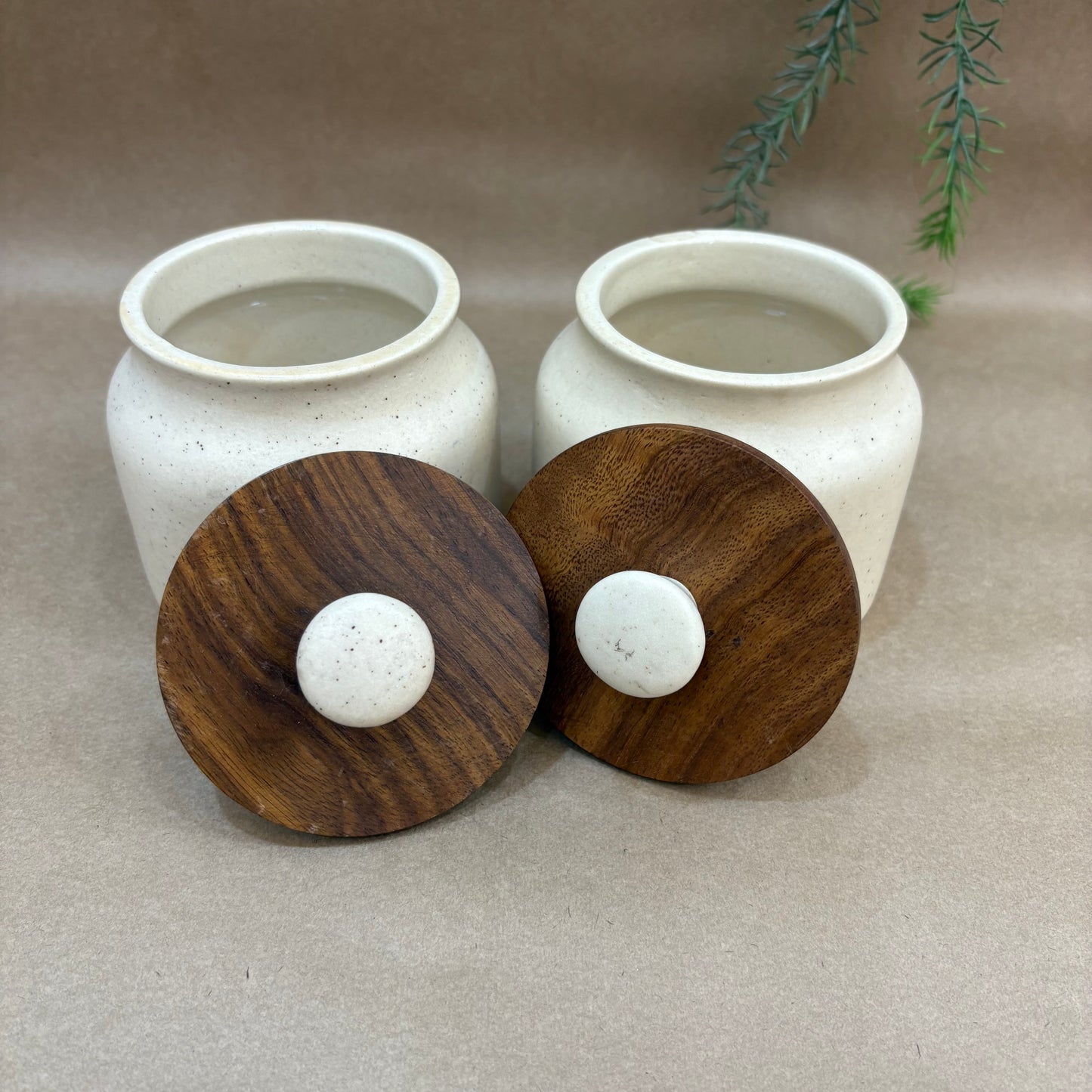 Handmade Ceramic Jar Set of 2 – Speckled Ivory with Wooden Lids