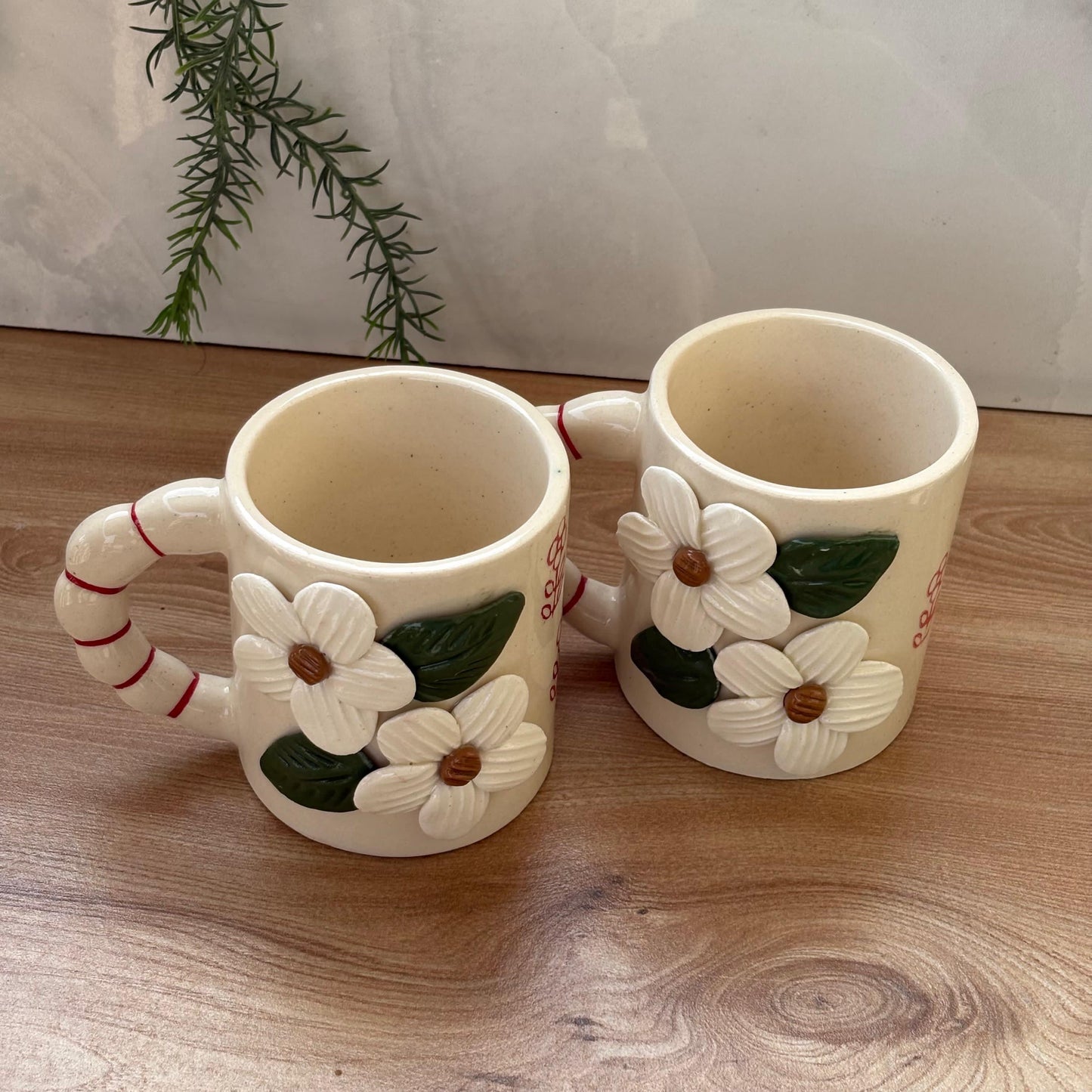Handmade Floral Ceramic Mug – 3D White Flowers -Vintage Aesthetic