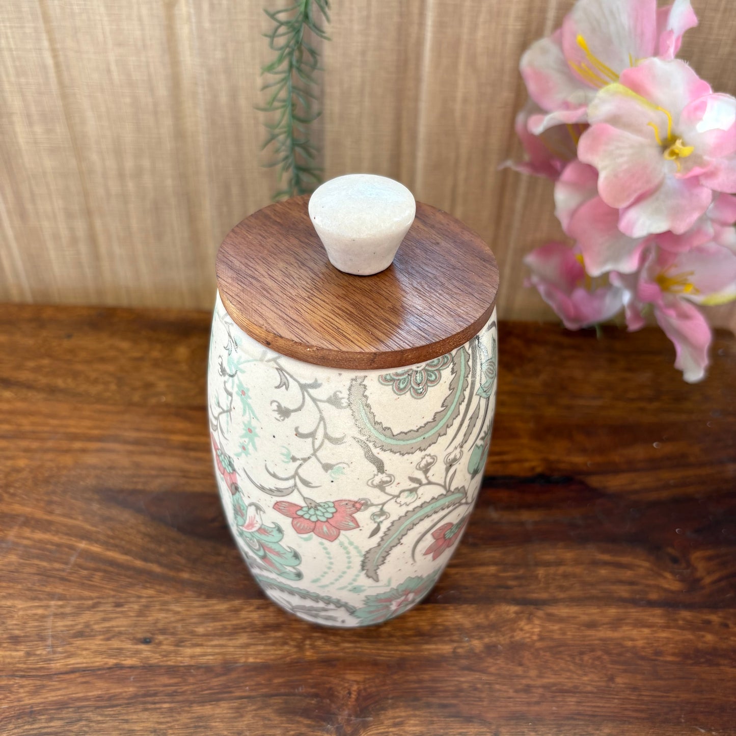 Tall Curved Ceramic Jar with Wooden Lid – Handcrafted Floral Mughal Pattern