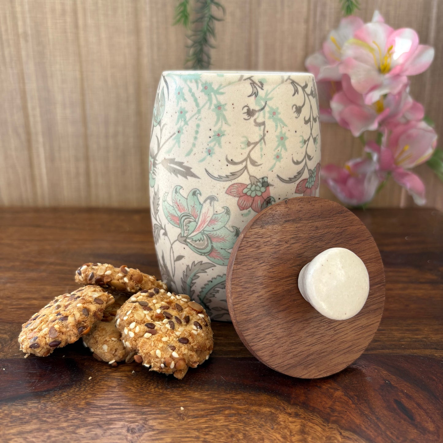 Tall Curved Ceramic Jar with Wooden Lid – Handcrafted Floral Mughal Pattern