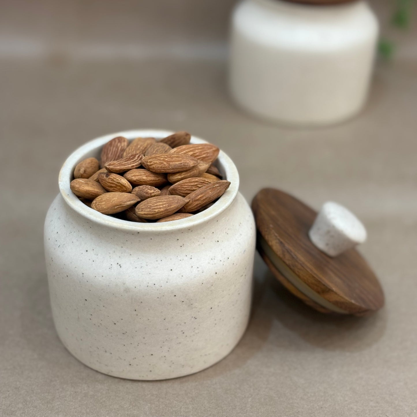 Handmade Ceramic Jar Set of 2 – Speckled Ivory with Wooden Lids