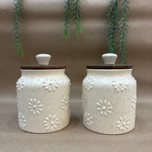 Embossed Ceramic Jar Set of 2 – Floral Pattern