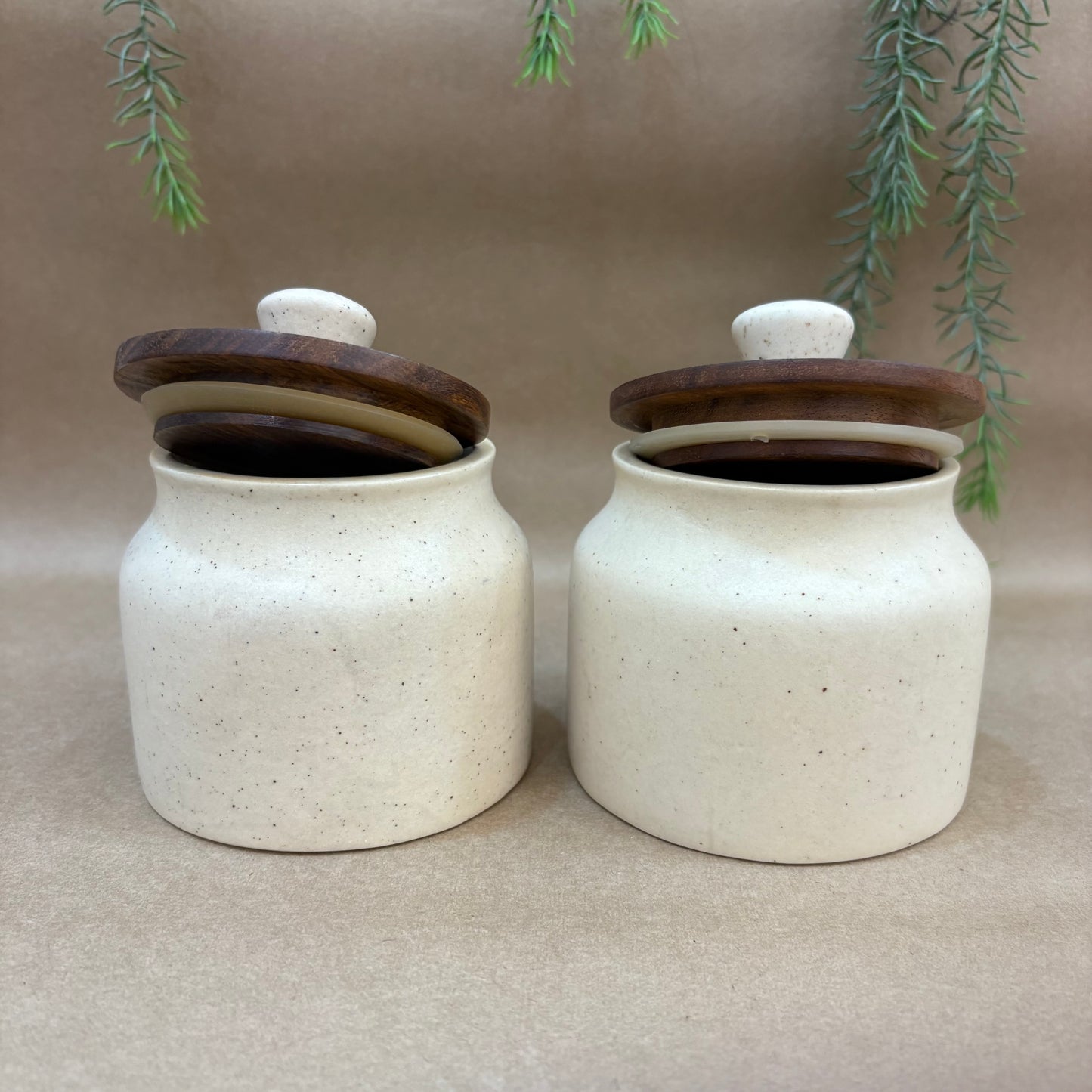 Handmade Ceramic Jar Set of 2 – Speckled Ivory with Wooden Lids