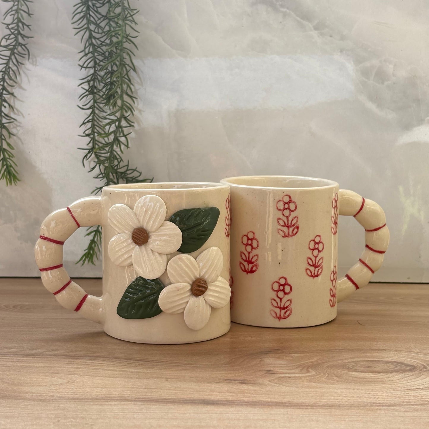 Handmade Floral Ceramic Mug – 3D White Flowers -Vintage Aesthetic