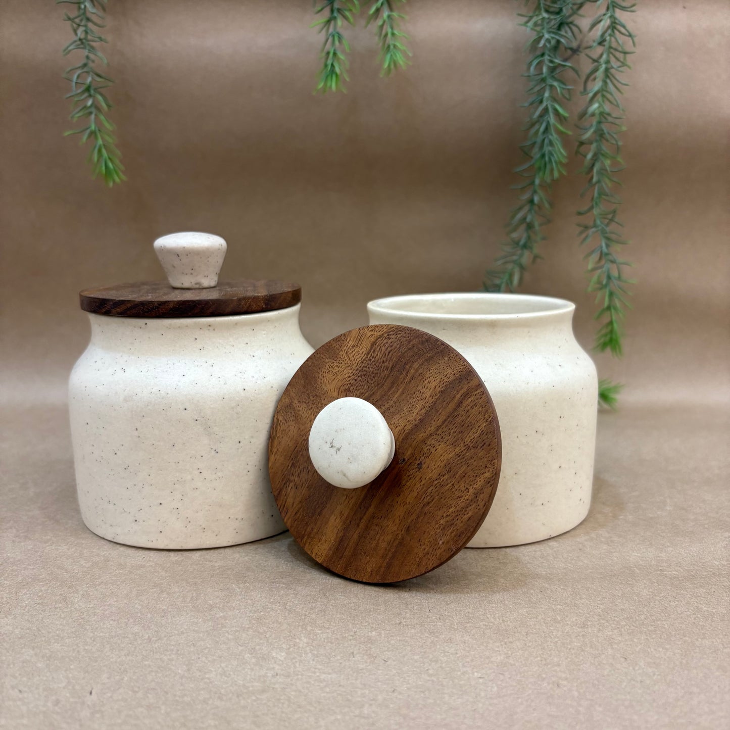 Handmade Ceramic Jar Set of 2 – Speckled Ivory with Wooden Lids