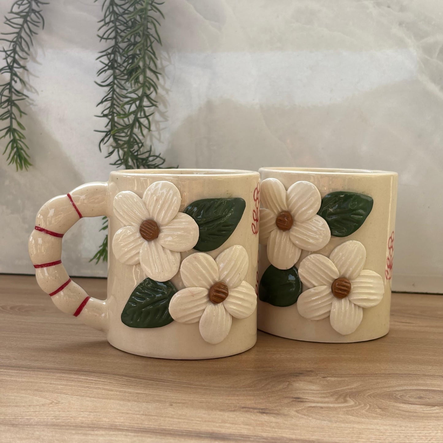 Handmade Floral Ceramic Mug – 3D White Flowers -Vintage Aesthetic