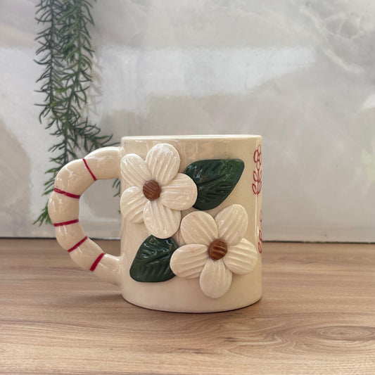 Handmade Floral Ceramic Mug – 3D White Flowers -Vintage Aesthetic