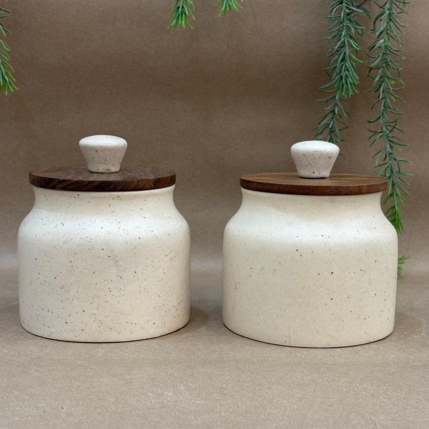 Handmade Ceramic Jar Set of 2 – Speckled Ivory with Wooden Lids