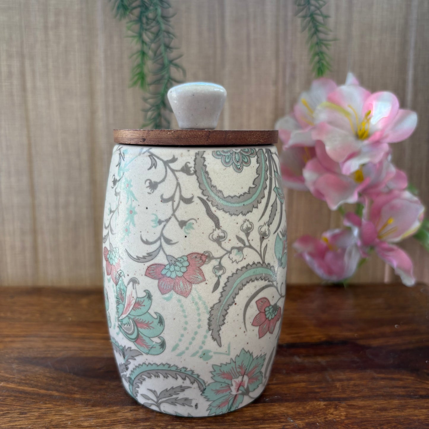 Tall Curved Ceramic Jar with Wooden Lid – Handcrafted Floral Mughal Pattern