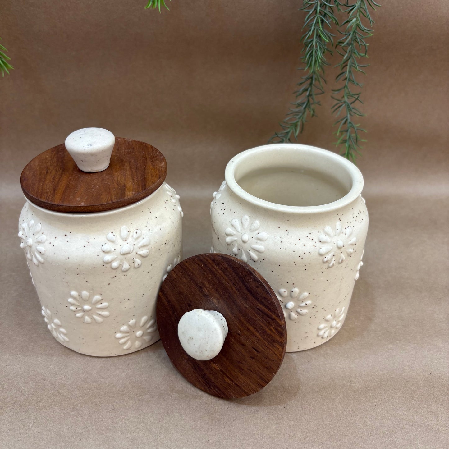 Embossed Ceramic Jar Set of 2 – Floral Pattern