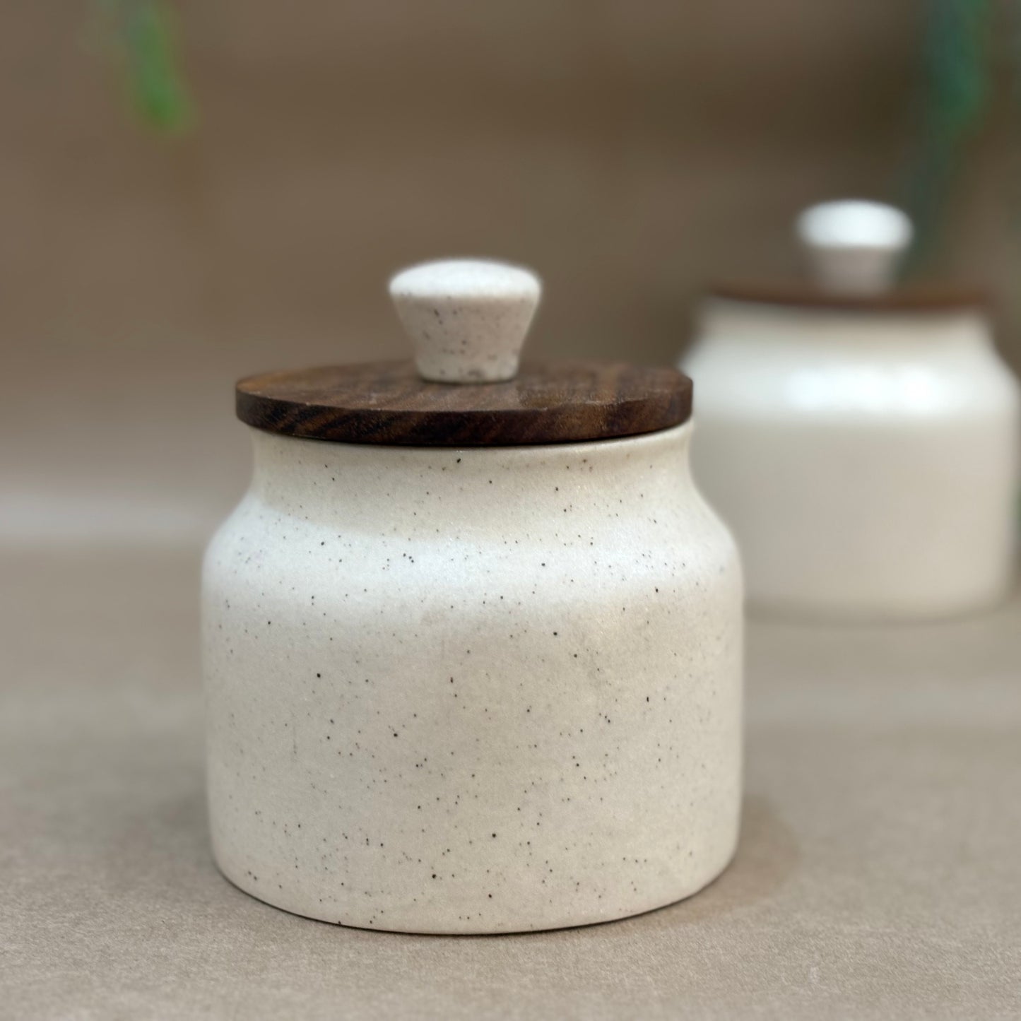 Handmade Ceramic Jar Set of 2 – Speckled Ivory with Wooden Lids
