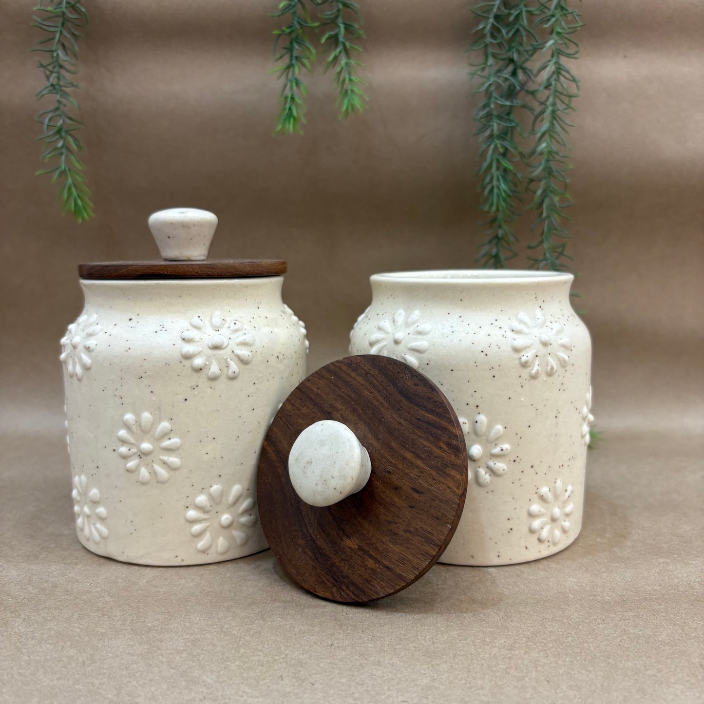 Embossed Ceramic Jar Set of 2 – Floral Pattern