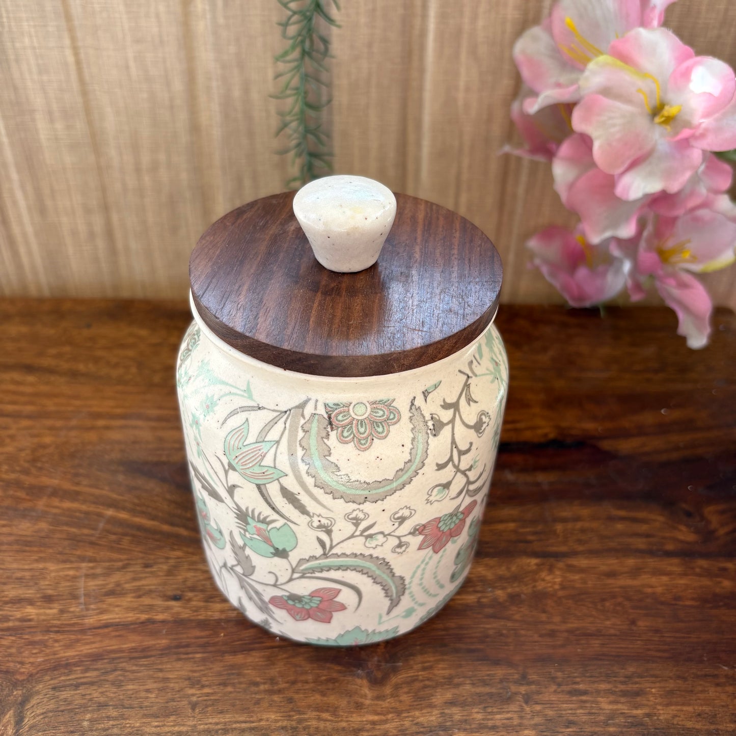 Handcrafted Ceramic Jar with Lid- Floral Block Print