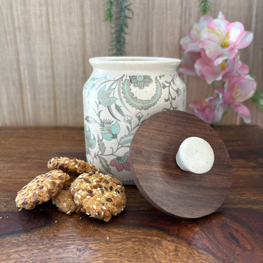 Handcrafted Ceramic Jar with Lid- Floral Block Print