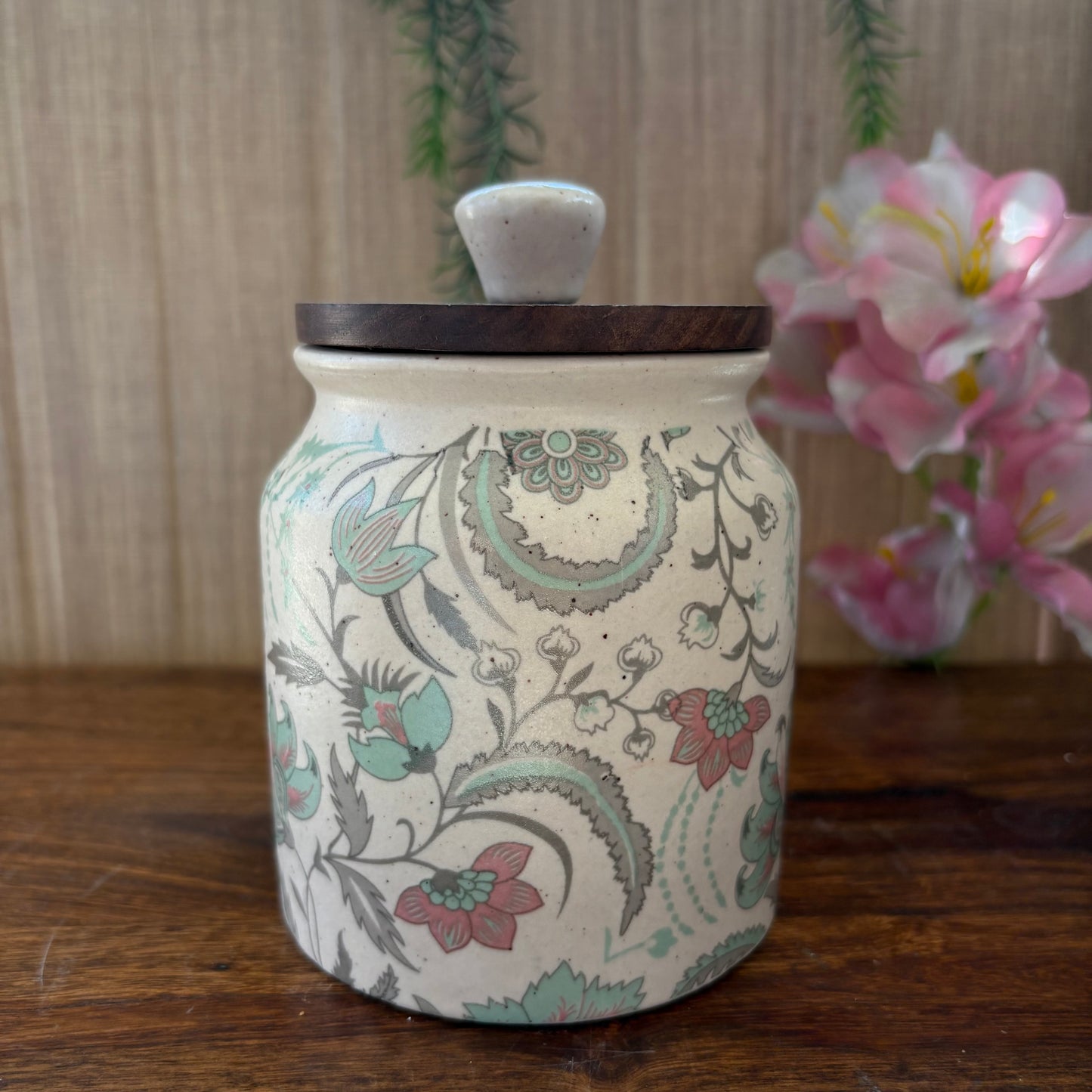 Handcrafted Ceramic Jar with Lid- Floral Block Print