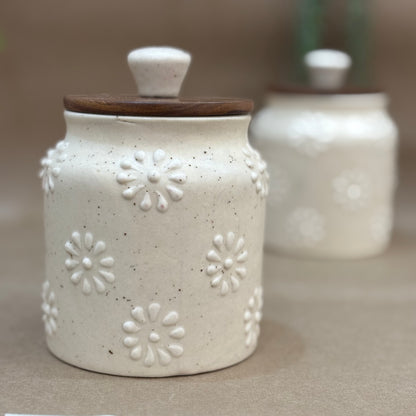 Embossed Ceramic Jar Set of 2 – Floral Pattern