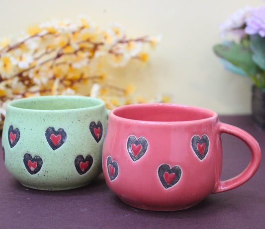 DIL KA RISHTA- Set of 2 Heart Coffee Mugs Green and Pink