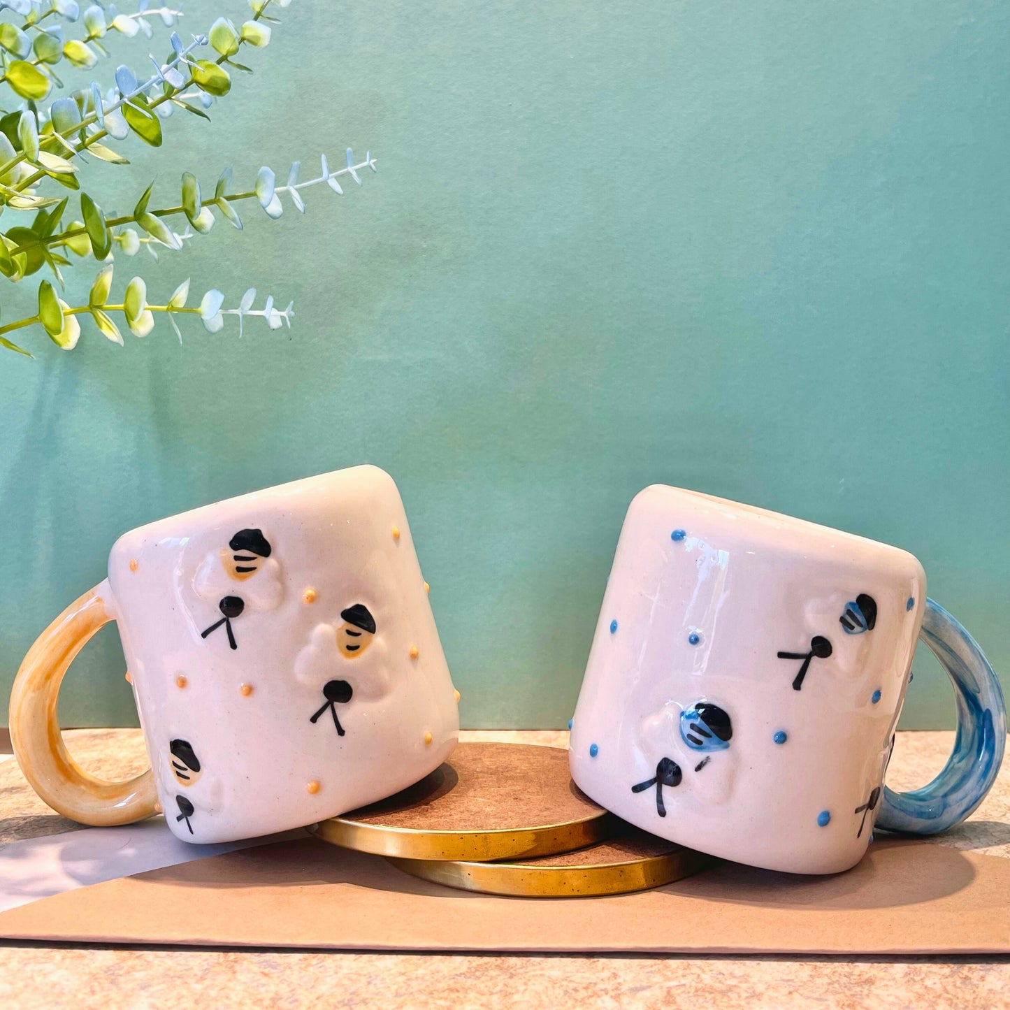 BUZZ- Ceramic Bee Mug set of 2 Yellow and Blue