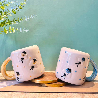 BUZZ- Ceramic Bee Mug set of 2 Yellow and Blue