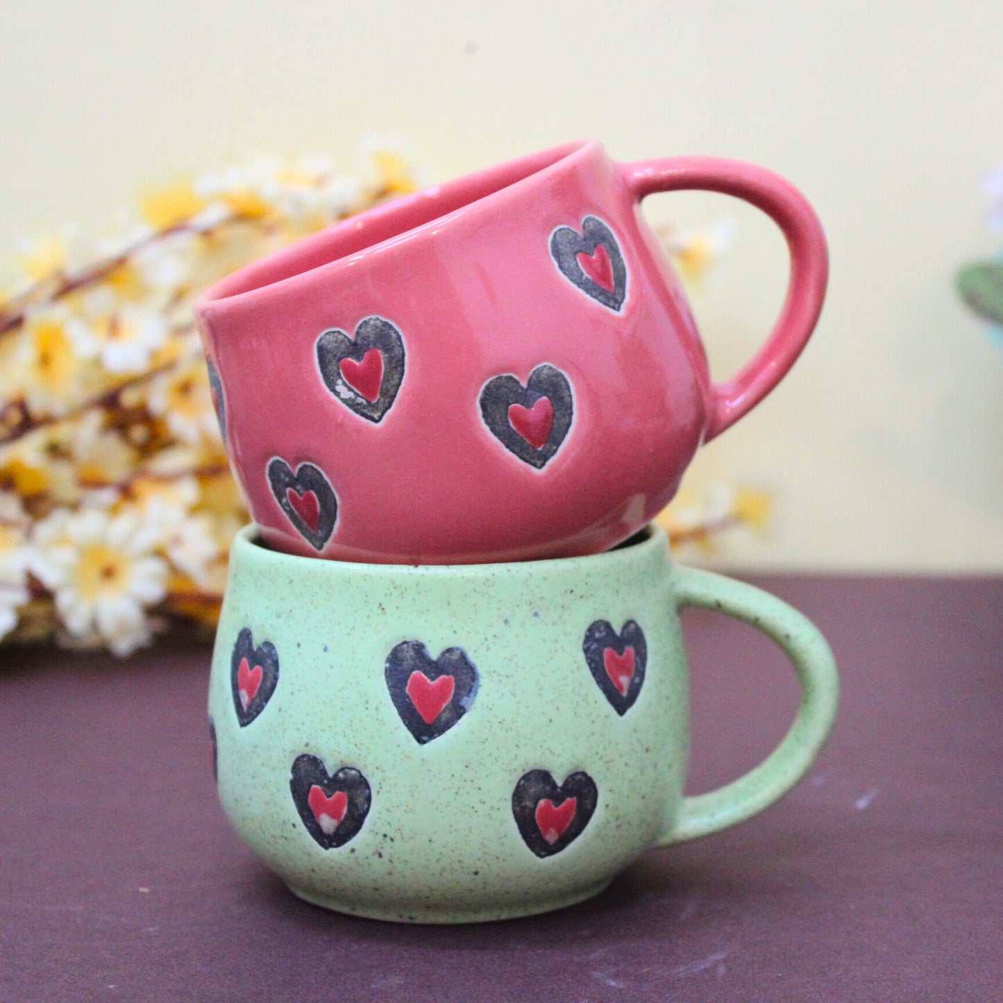 DIL KA RISHTA- Set of 2 Heart Coffee Mugs Green and Pink