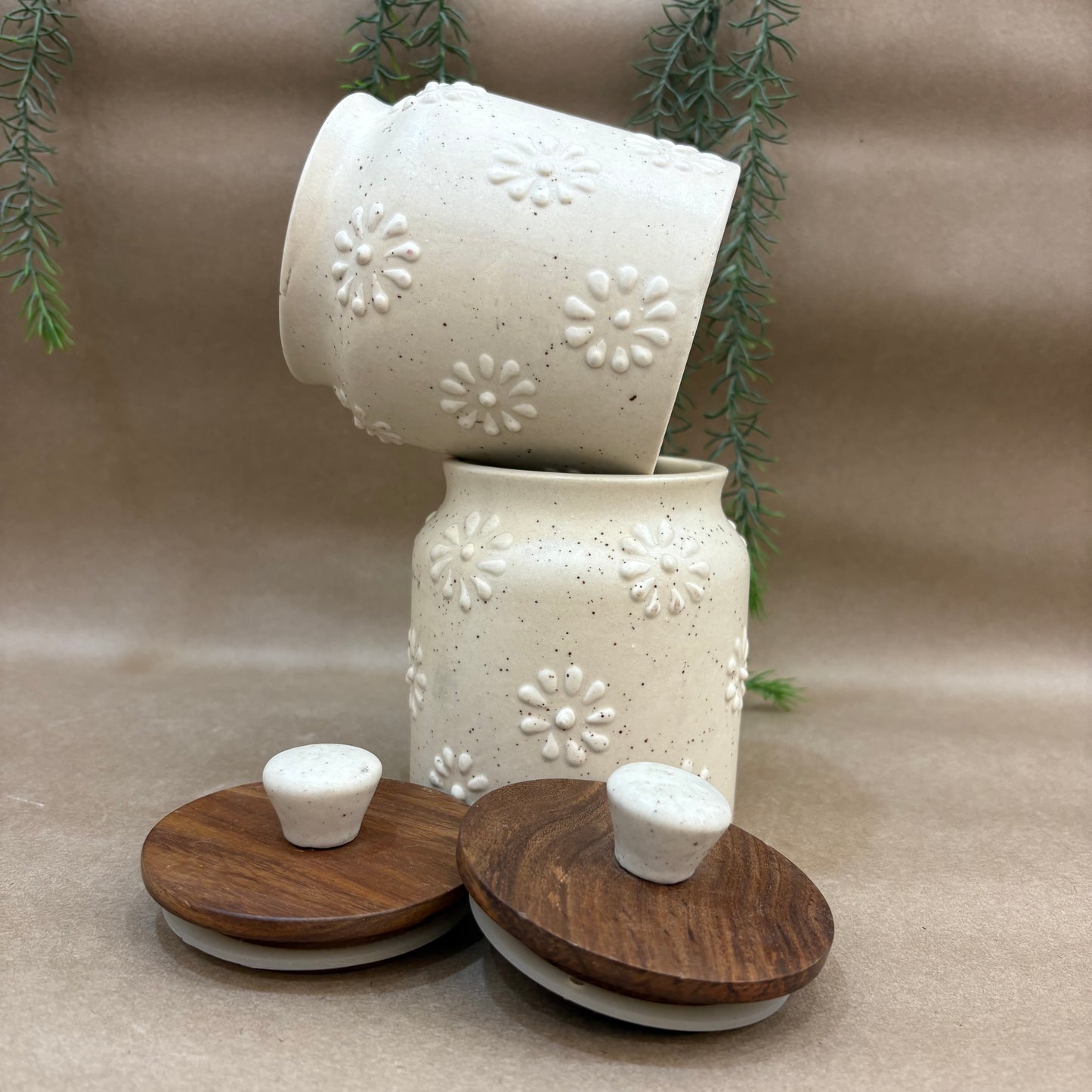 Embossed Ceramic Jar Set of 2 – Floral Pattern
