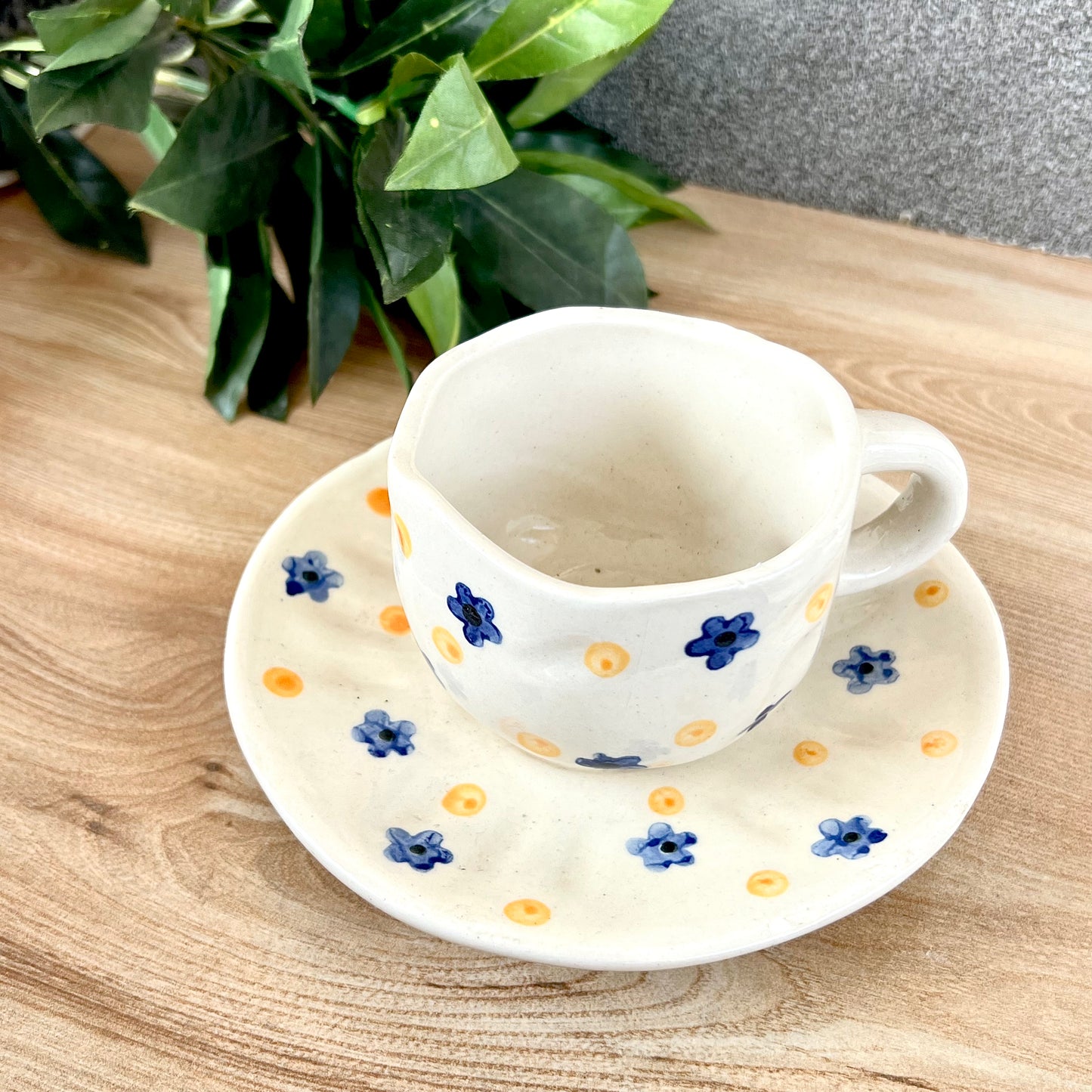 Ceramic Glazed Floral Hand painted Mug with Saucer