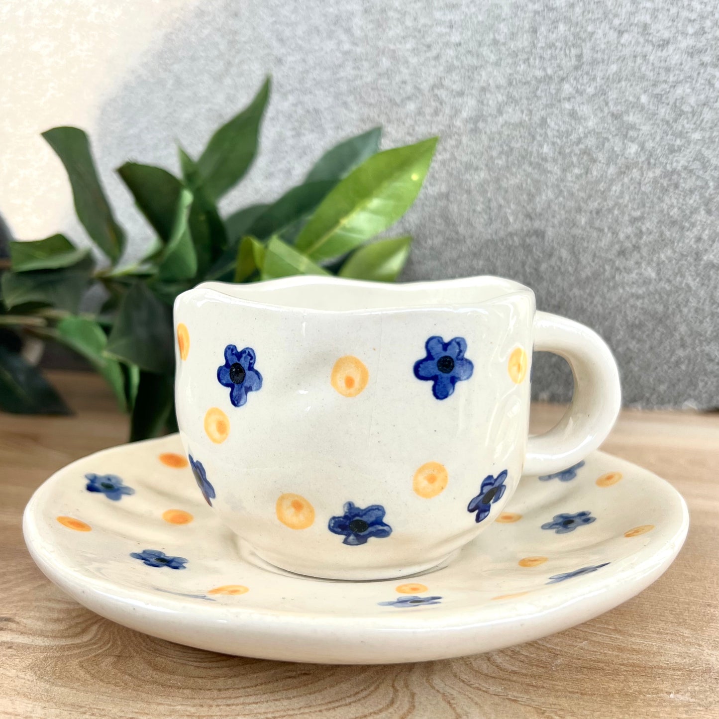 Ceramic Glazed Floral Hand painted Mug with Saucer