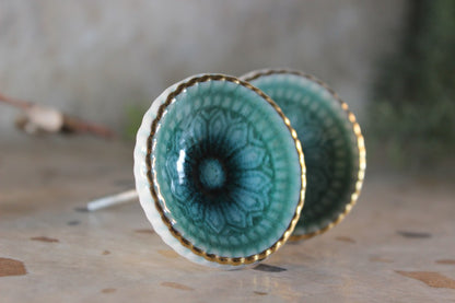 Ceramic Turquoise Door Knob set of 2