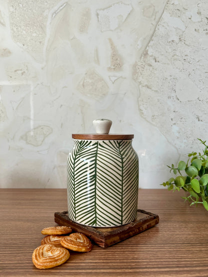 Ceramic Storage Jar Striped Green