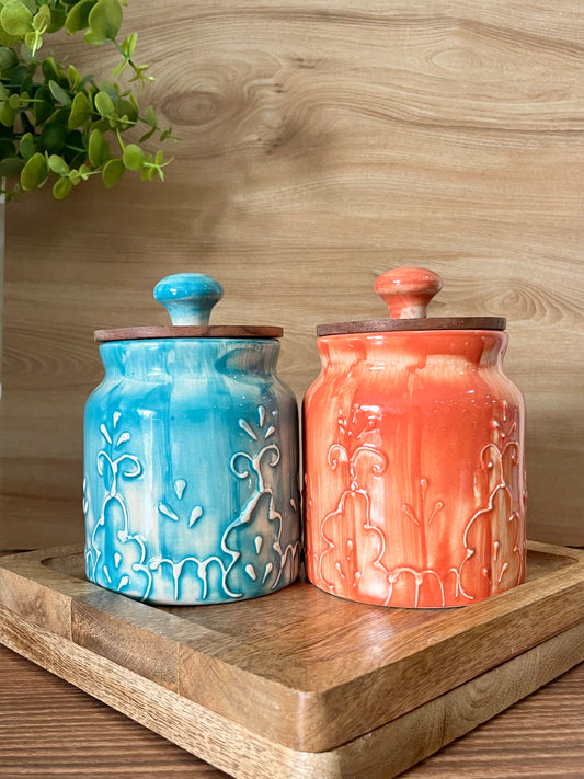 Ceramic Storage JAR SET OF 2 ORANGE BLUE