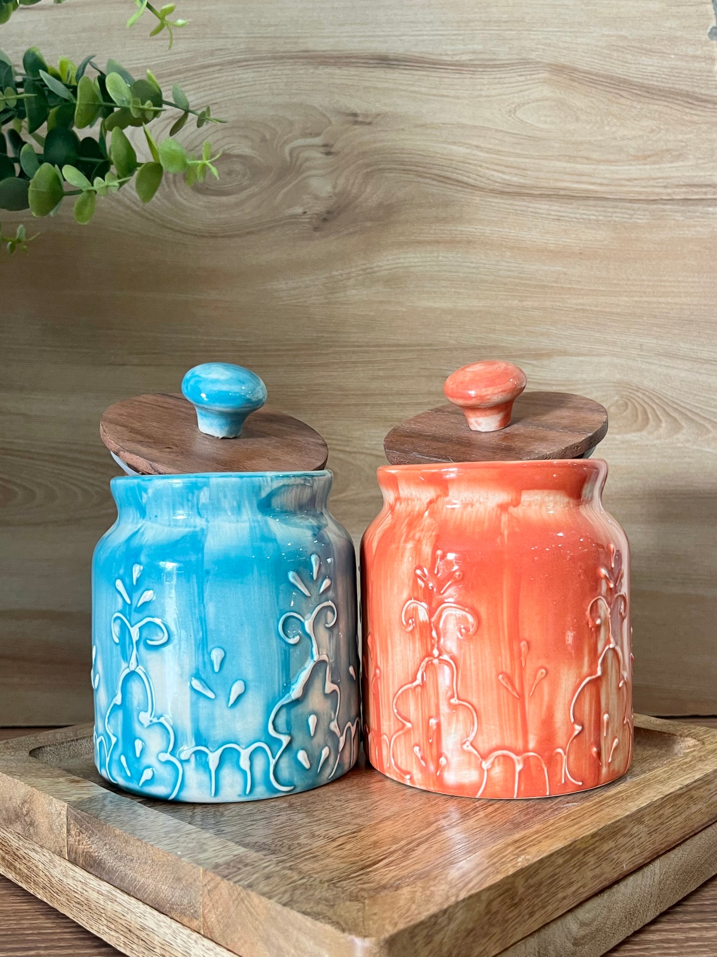 Ceramic Storage JAR SET OF 2 ORANGE BLUE