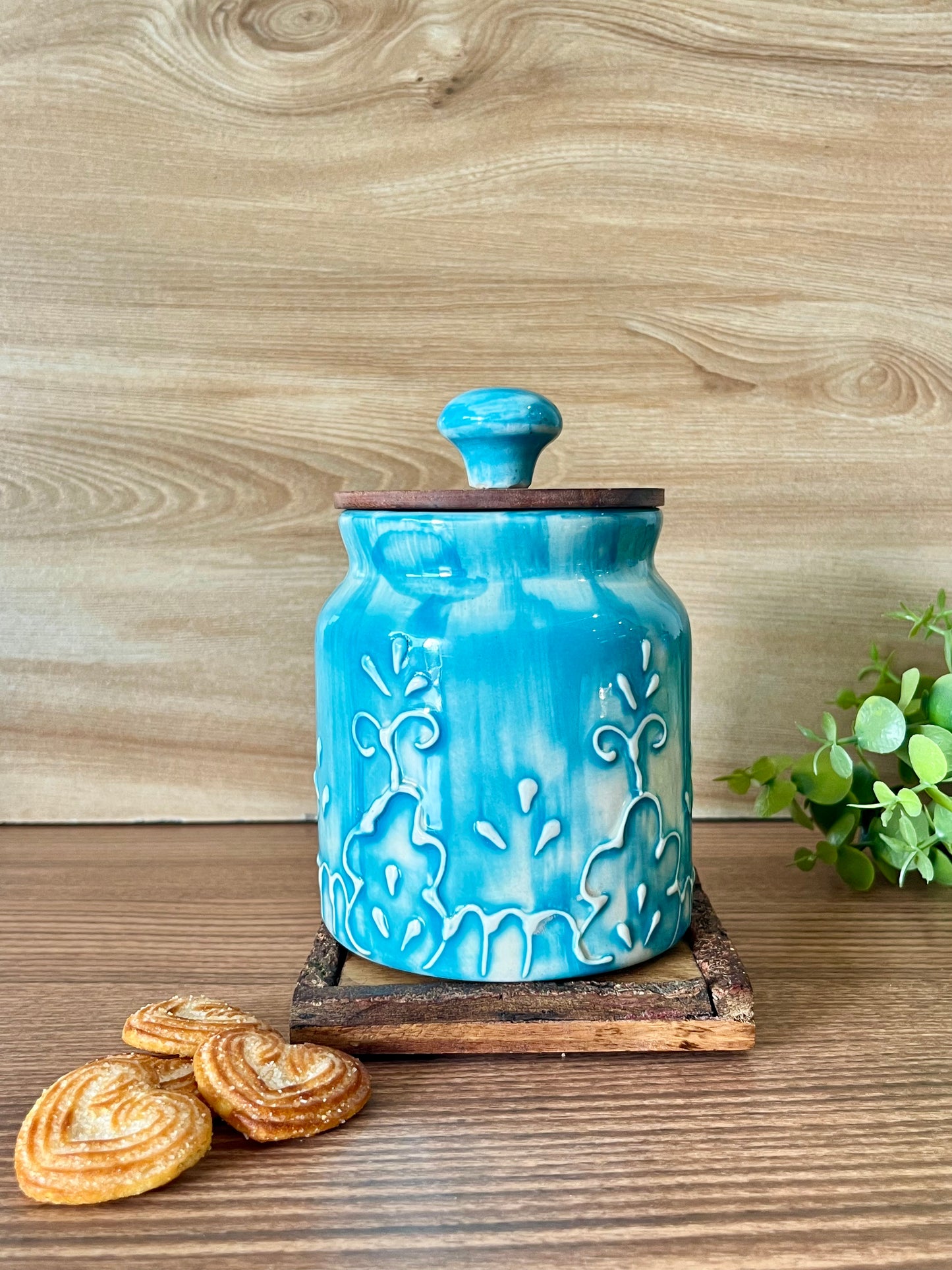 Ceramic Storage jar Etched Light Blue