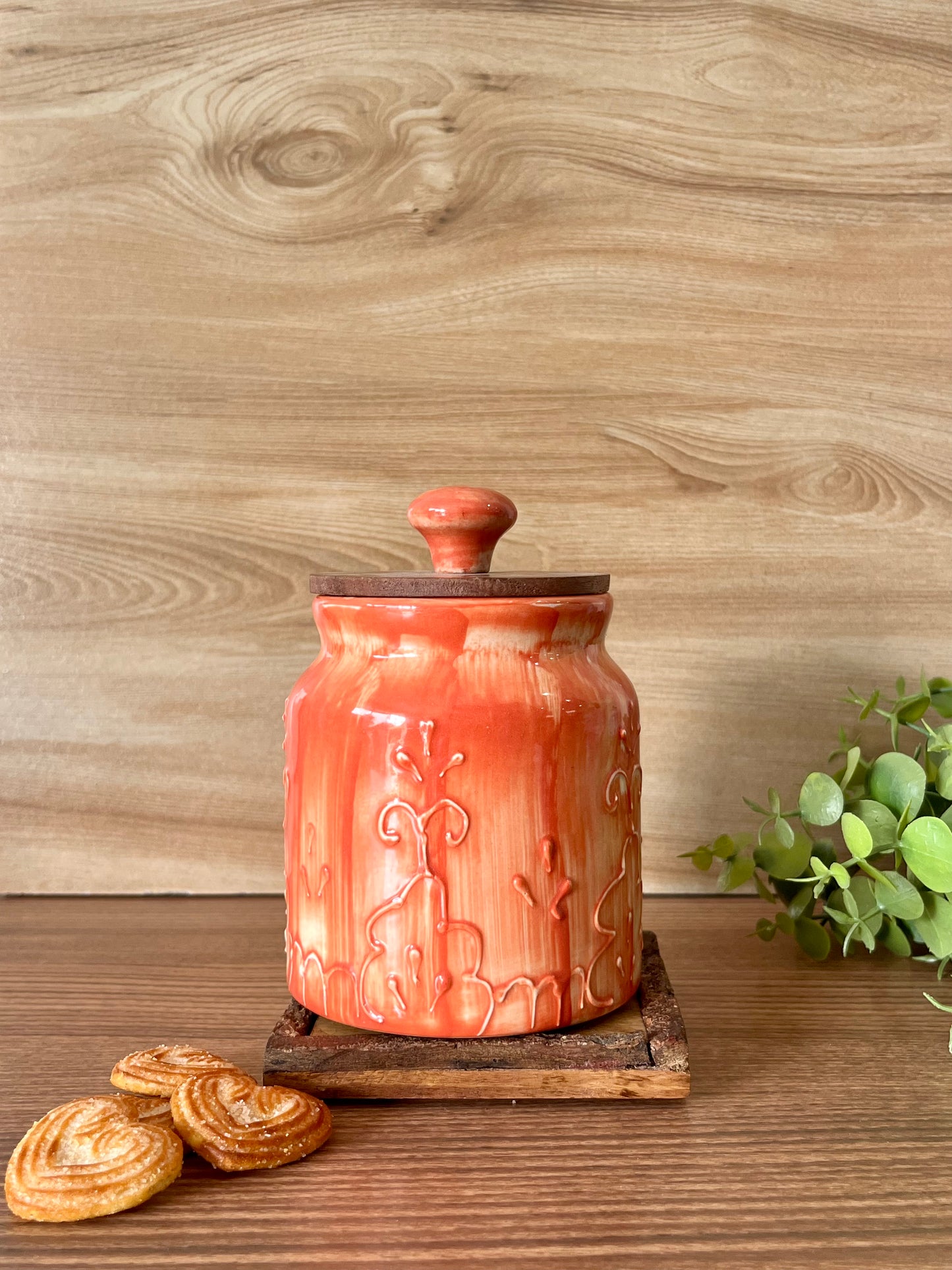 Ceramic Storage jar Etched Orange