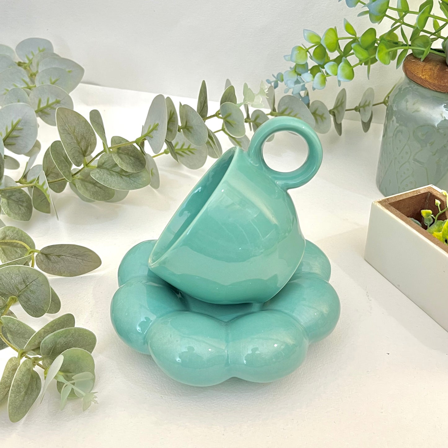 Bubbly- Ceramic Mug with Saucer Aqua