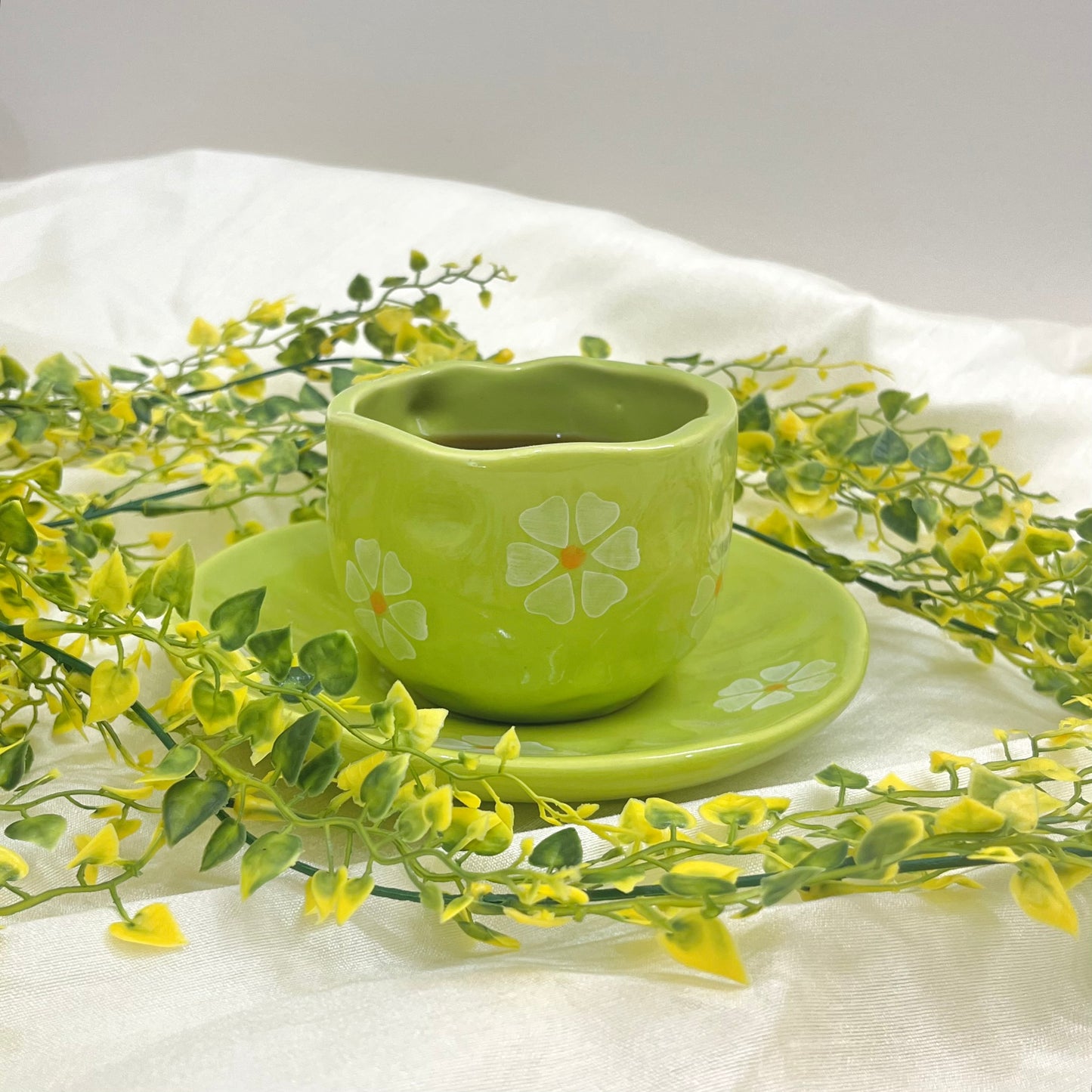 Green Daisy Mug with Saucer