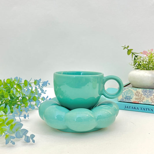 Bubbly- Ceramic Mug with Saucer Aqua