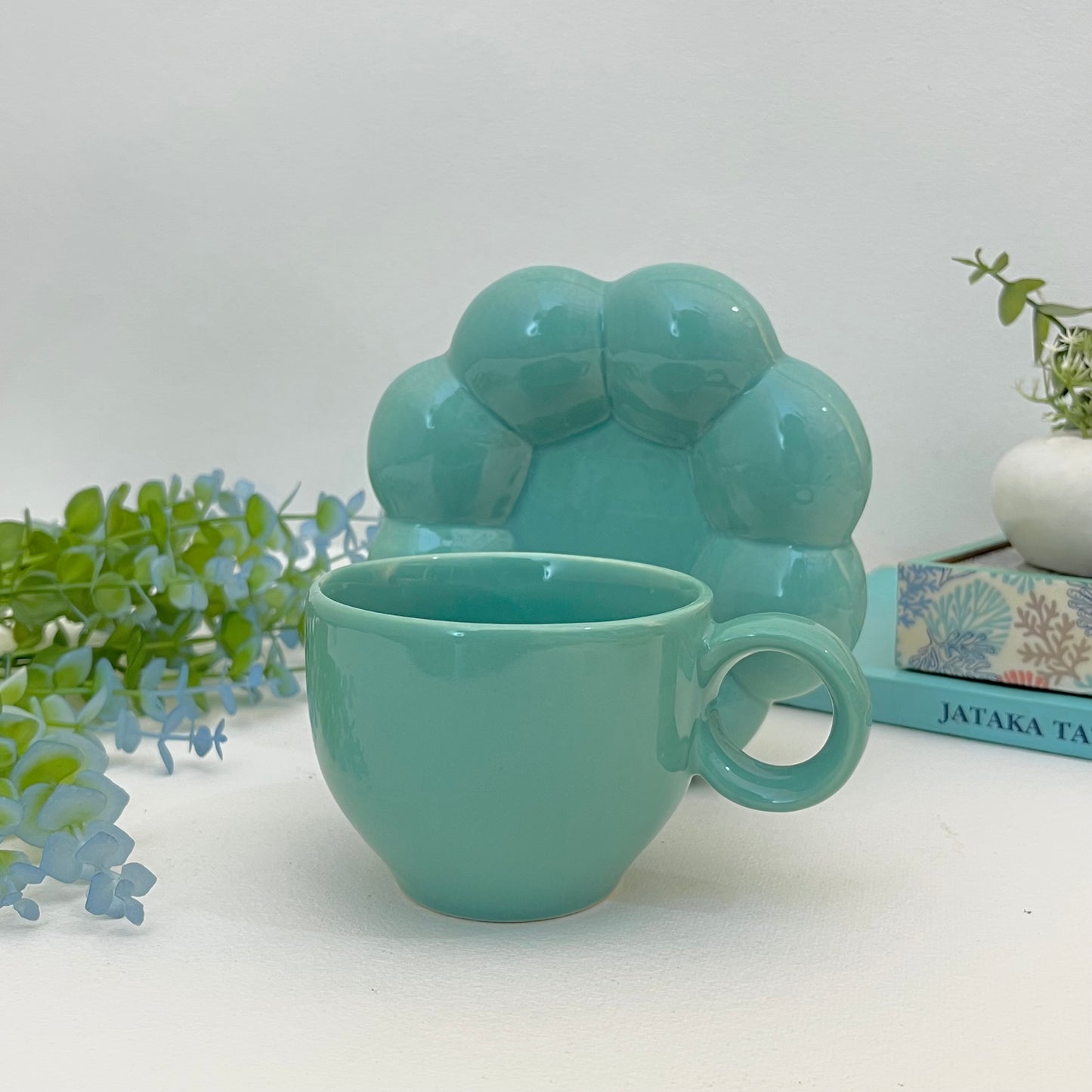 Bubbly- Ceramic Mug with Saucer Aqua