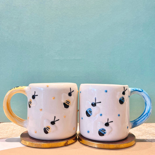 BUZZ- Ceramic Bee Mug set of 2 Yellow and Blue