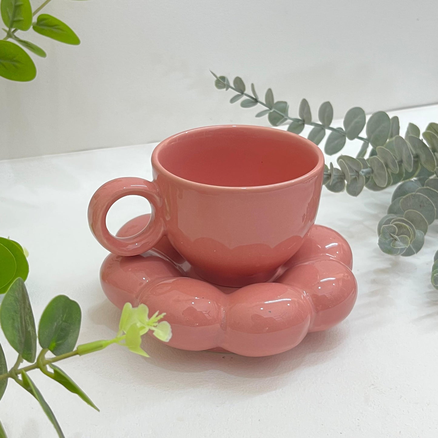 Bubbly- Ceramic Mug with Saucer Pink