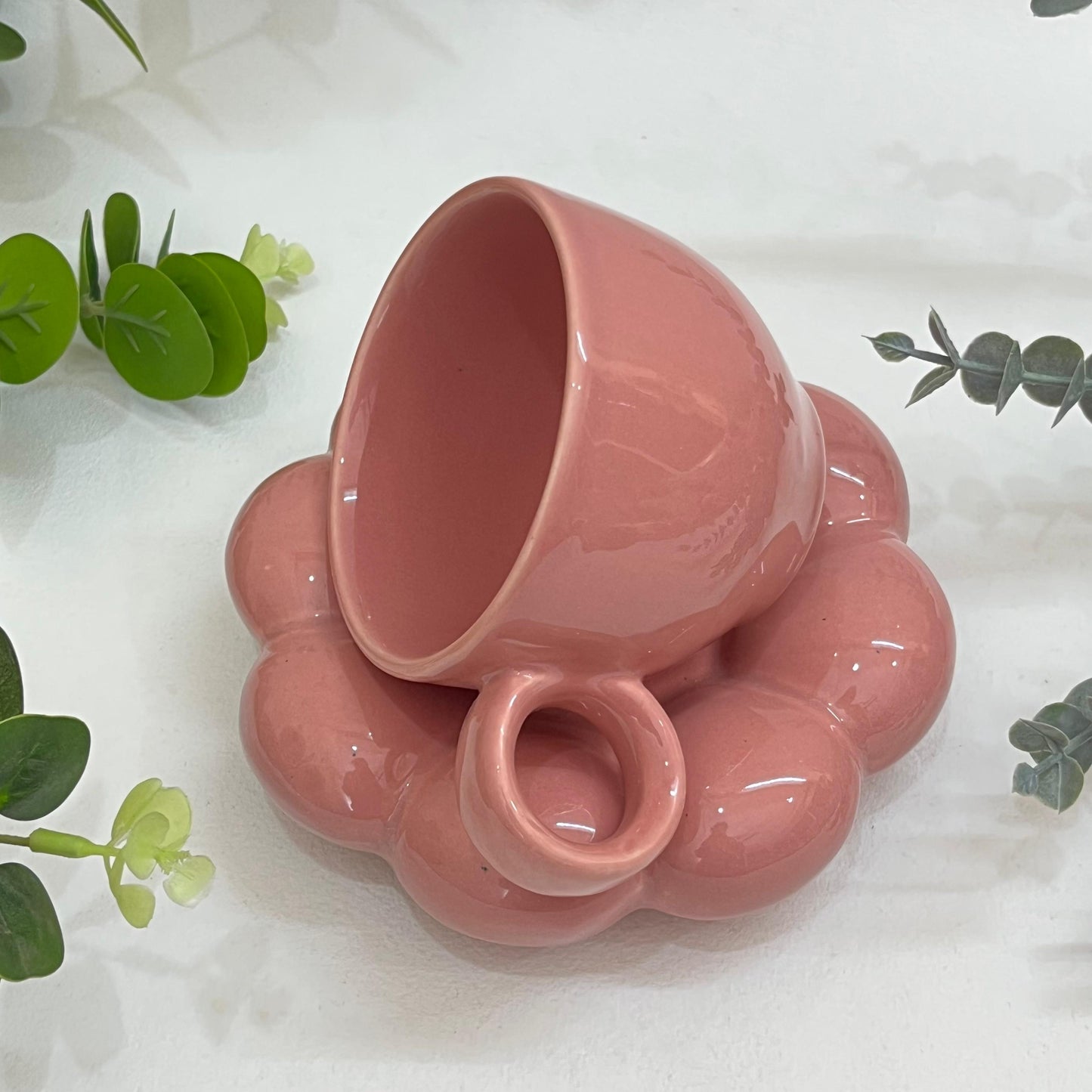 Bubbly- Ceramic Mug with Saucer Pink